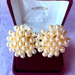 Vintage Oversized Faux Pearl Beaded Clip-on Dome Cluster Earrings Classic MCM